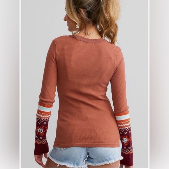 Free People Mikah Notch Neck Long Sleeve Blouse Autumn Orange Size XS Fall Boho - Picture 8 of 12